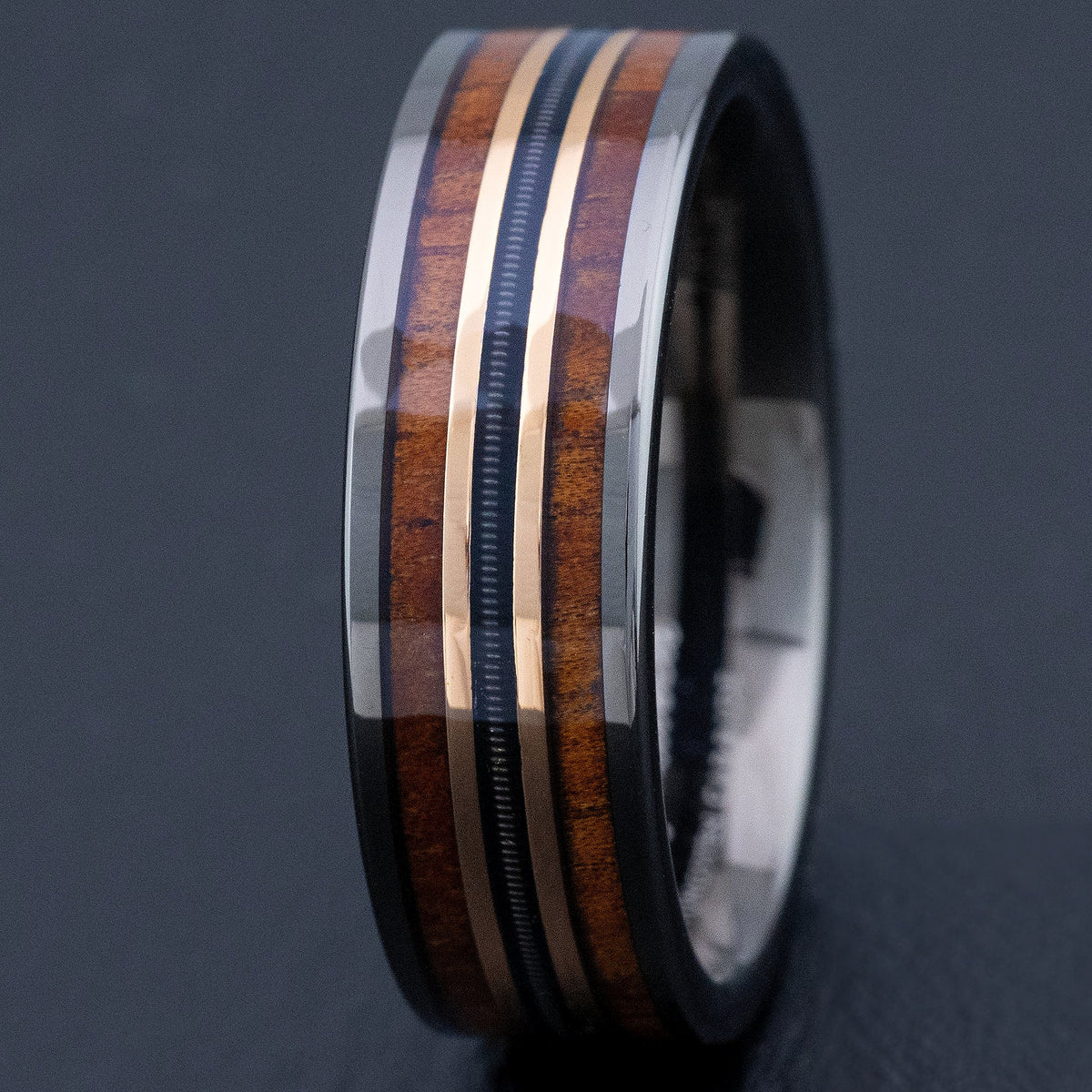 Gun Grey Tungsten Carbide Mid-Rose Gold Strip Ring [7mm width] Guitar String & Hawaiian Koa Wood Inlay - Flat Shape