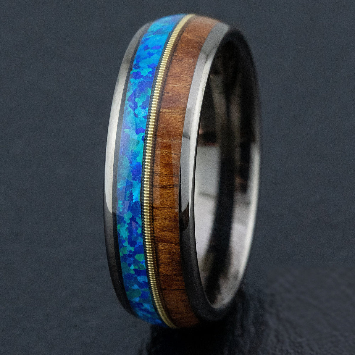 Gun Grey Tungsten Carbide Ring [8mm width] Mid-Guitar String, Blue Opal, & Hawaiian Koa Wood - Barrel Shape
