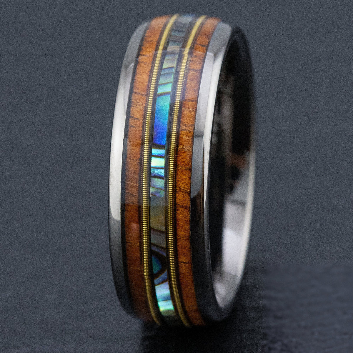 Mid-Guitar String Gun Grey Tungsten Carbide Ring [8mm width] Abalone Shell & Hawaiian Koa Wood Inlay - Barrel Shape