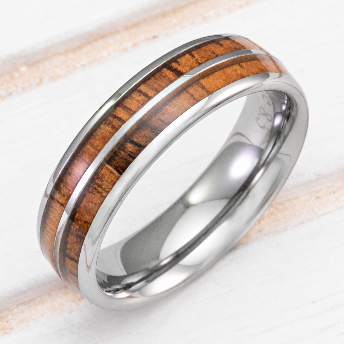 Tungsten carbide ring with koa wood duo inlay