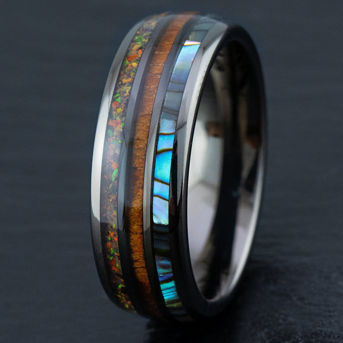 Gun Grey Tungsten Carbide Ring [8mm width] Abalone Shell, Fire Opal, & Hawaiian Koa Wood Tri-Inlay - Barrel Shape