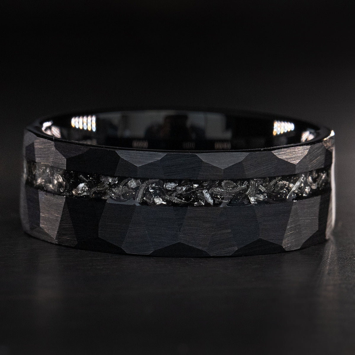 Black Tungsten Hammered Stonewashed Ring [8mm width] Meteorite Inlay