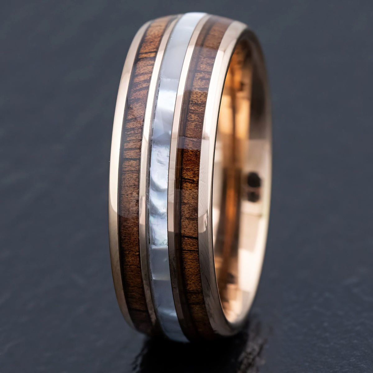 Tungsten Carbide Rose Gold Ion Plated [8mm width] Mother of Pearl & Hawaiian Koa Wood Inlay