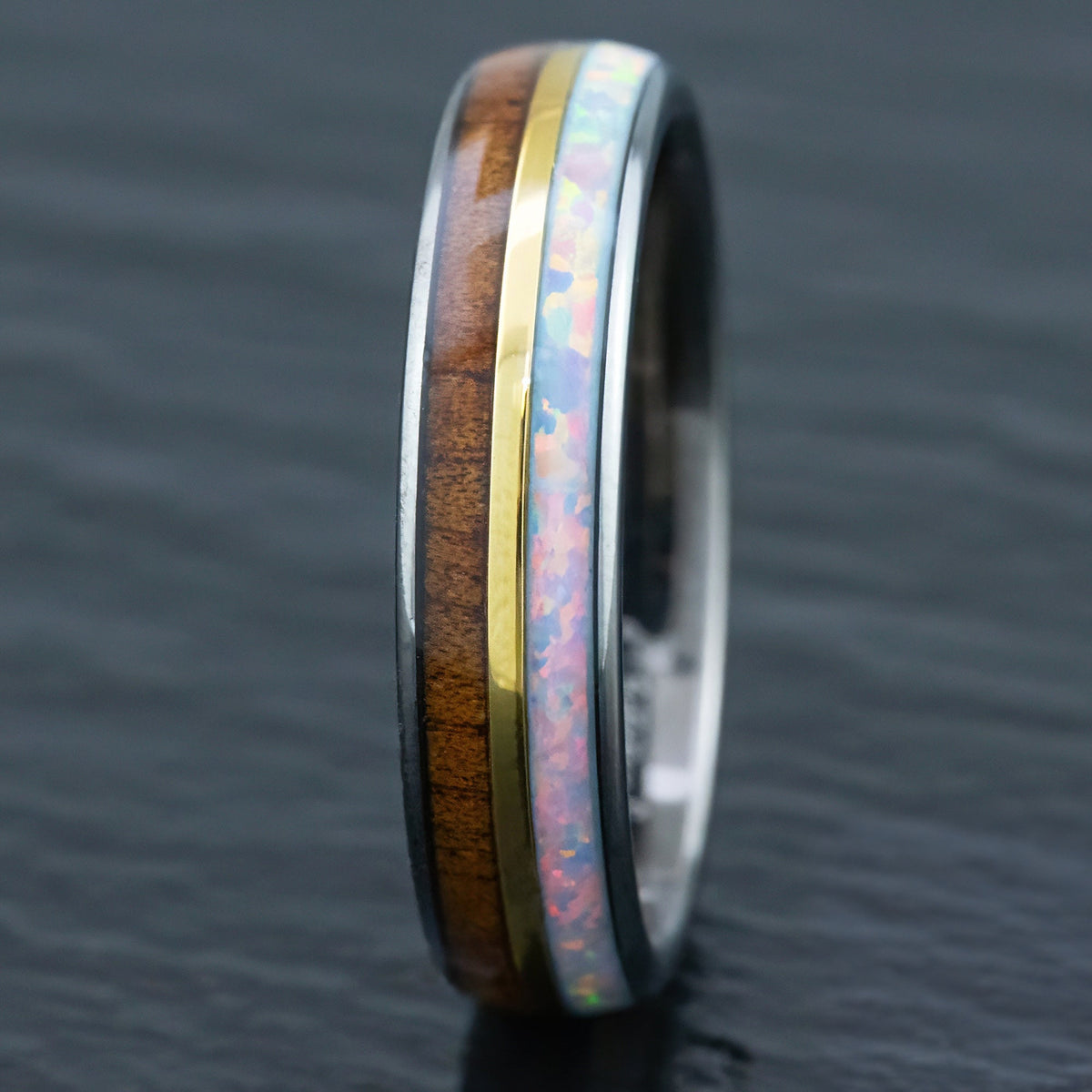 GunGrey Tungsten Carbide with Mid-Gold Strip [5mm width] White Opal & Hawaiian Koa Wood