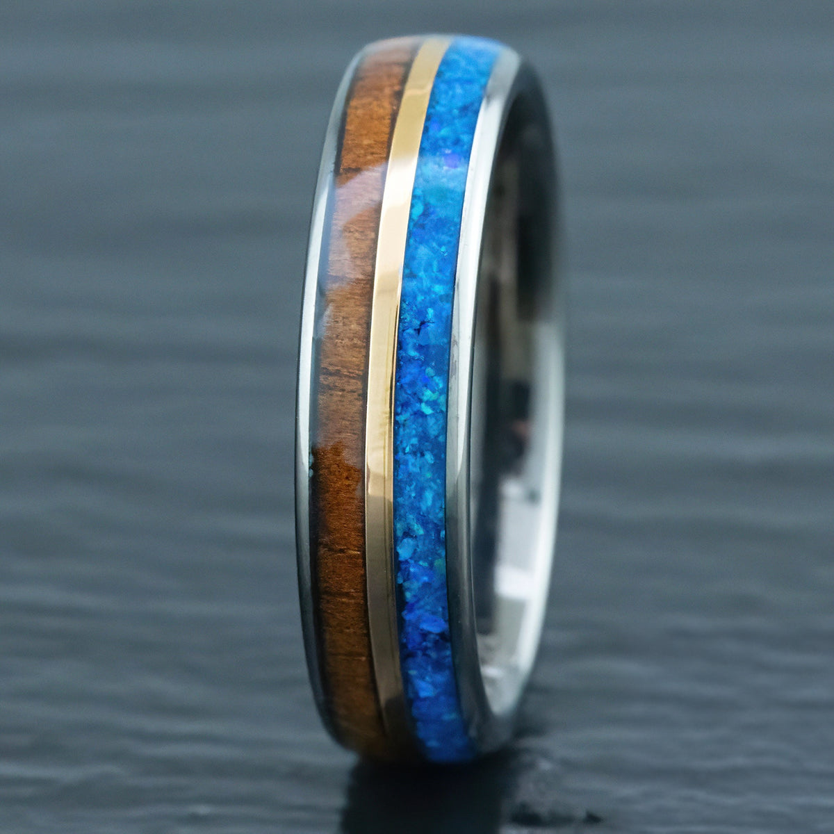 GunGrey Tungsten Carbide with Mid-Rose Gold Strip [5mm width] Blue Opal & Hawaiian Koa Wood