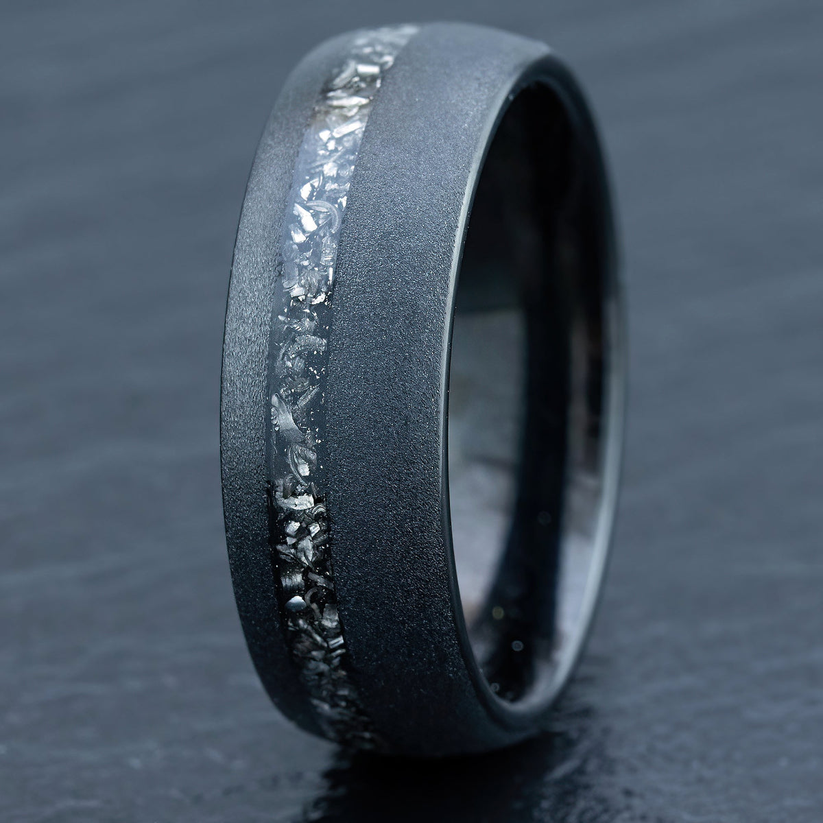 Black Tungsten Carbide Sand Blast Finish [8mm width] Meteorite Inlay - Barrel Shape