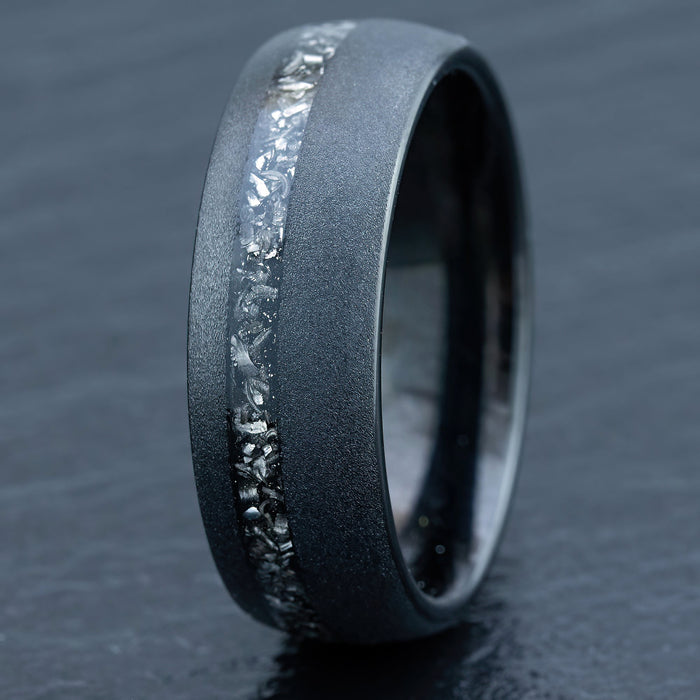 Black Tungsten Carbide Sand Blast Finish [8mm width] Meteorite Inlay - Barrel Shape