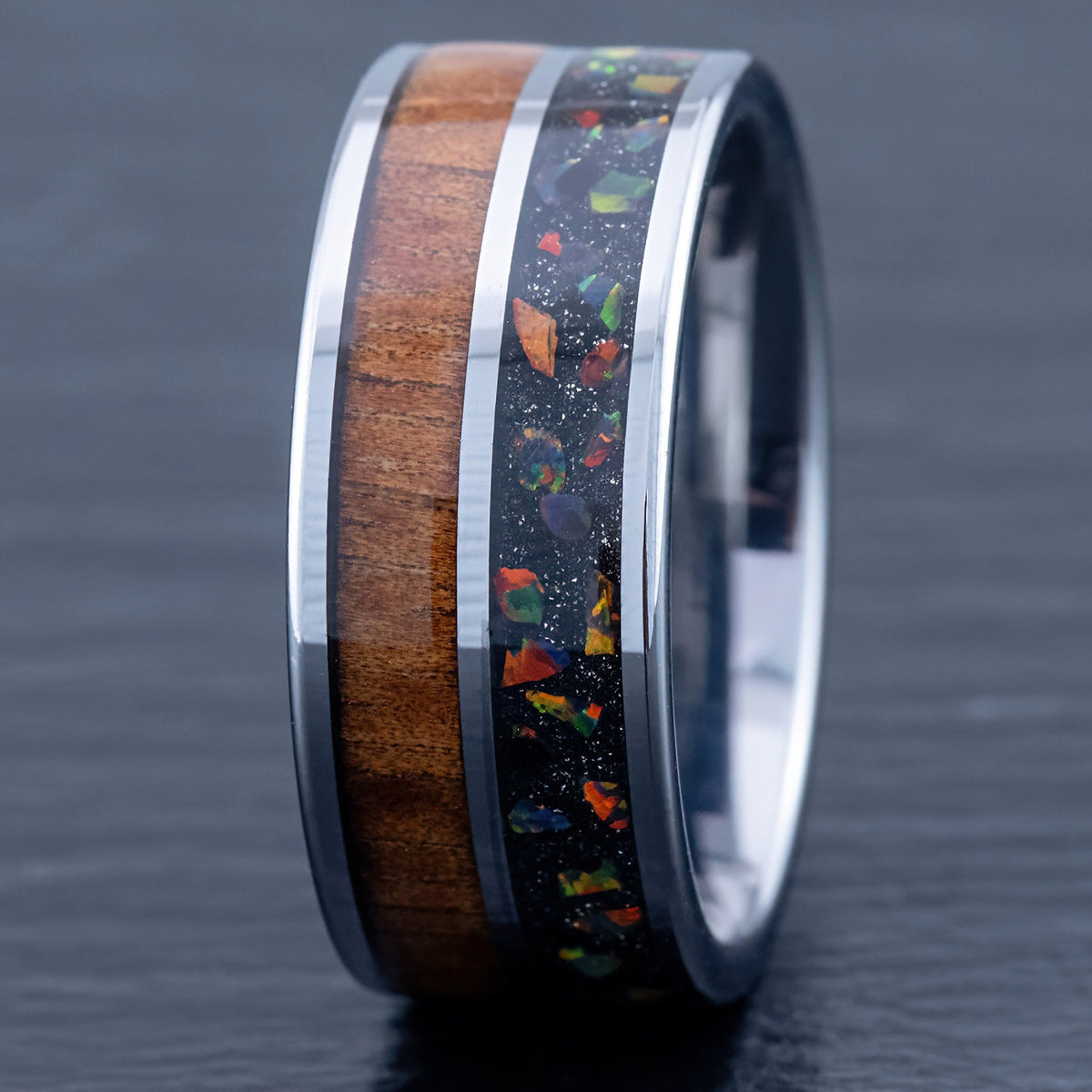 Tungsten Carbide Ring 'Pahoehoe' [10mm width] Fire Opal & Hawaiian Koa Wood