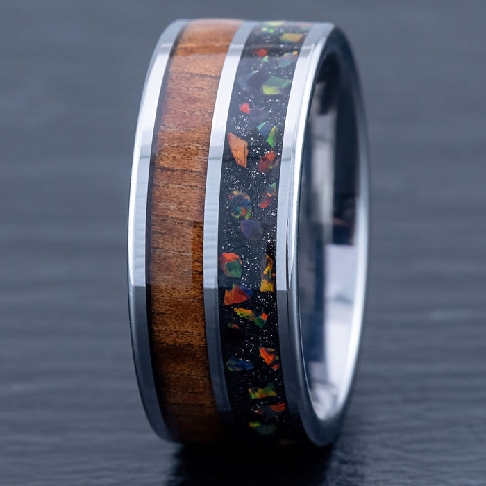 Tungsten Carbide Ring 'Pahoehoe' [10mm width] Fire Opal & Hawaiian Koa Wood