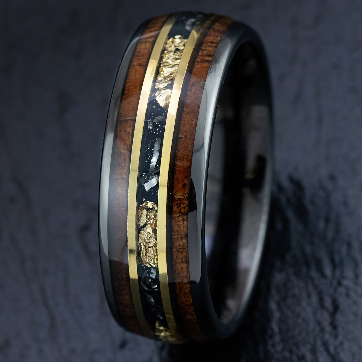 Gun Grey Tungsten Carbide Ring [8mm width] 18K Gold Flake, Meteorite, & Hawaiian Koa Wood