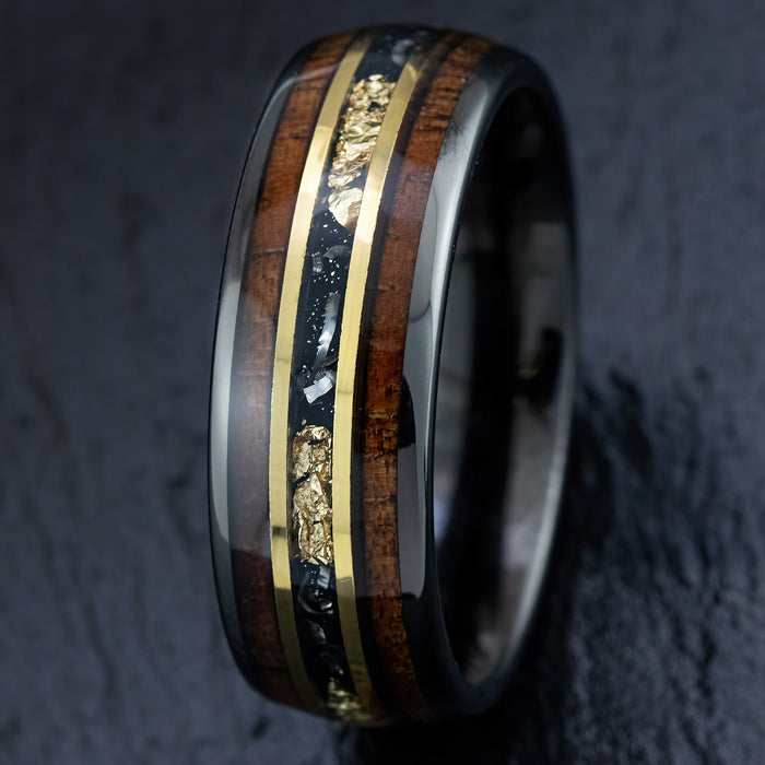 Gun Grey Tungsten Carbide Ring [8mm width] 18K Gold Flake, Meteorite, & Hawaiian Koa Wood