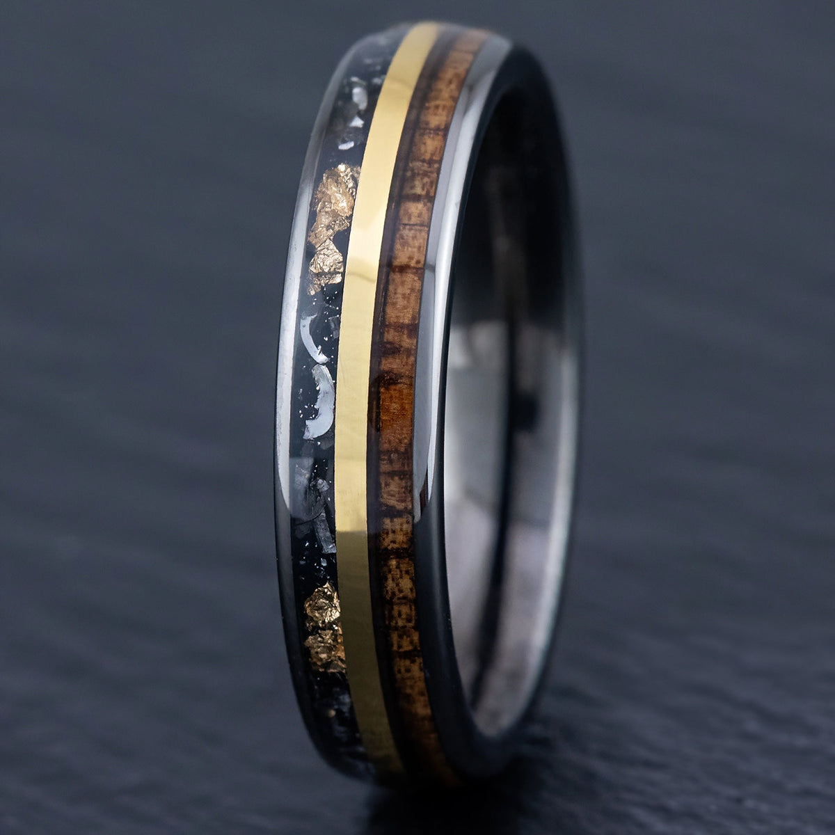 Gun Grey Tungsten Carbide Ring [6mm width] 18K Gold Flake, Meteorite, & Hawaiian Koa Wood