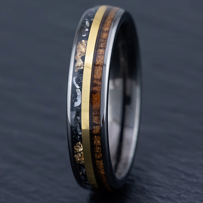 Gun Grey Tungsten Carbide Ring [6mm width] 18K Gold Flake, Meteorite, & Hawaiian Koa Wood