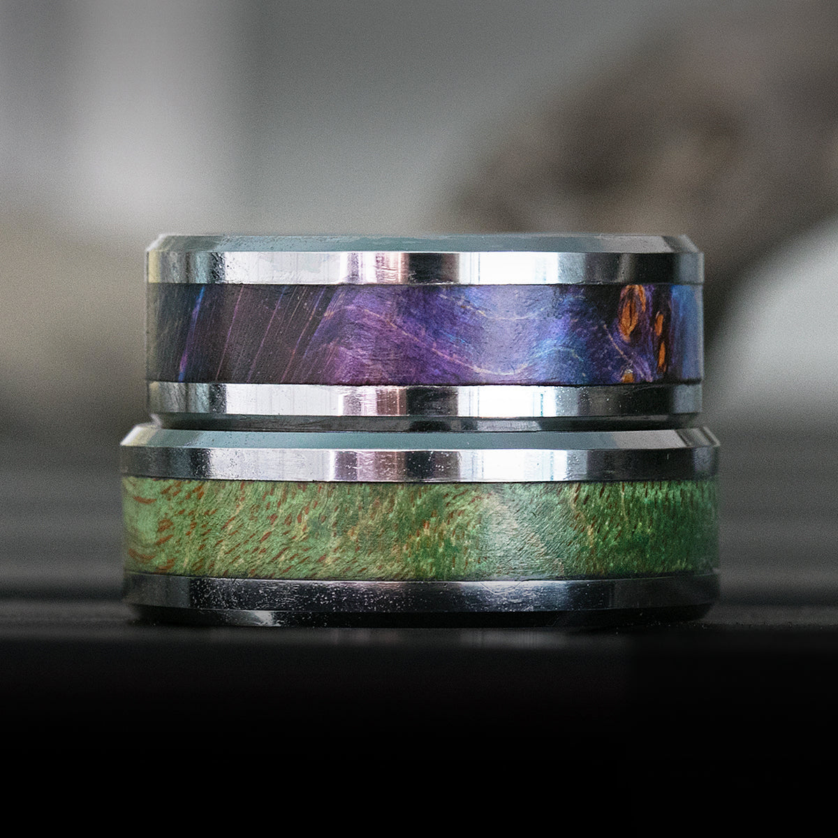 Tungsten Carbide Beveled Edge Ring Box Elder Wood Inlay - 8mm, Flat Shape, Comfort Fitment