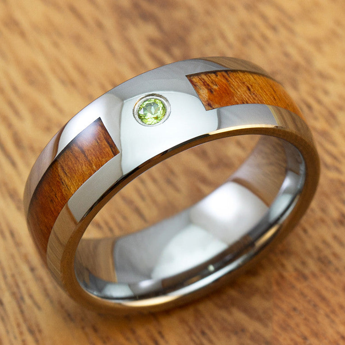 Tungsten Carbide with Peridot Stone Setting Inlaid with Hawaiian Koa Wood