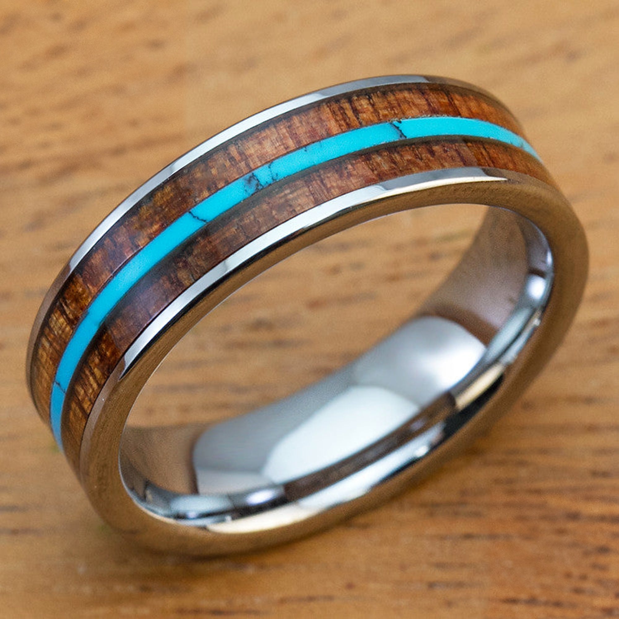 Tungsten Carbide Wedding Ring with Mid Thin Strip Turquoise and Hawaiian Koa Wood Inlay