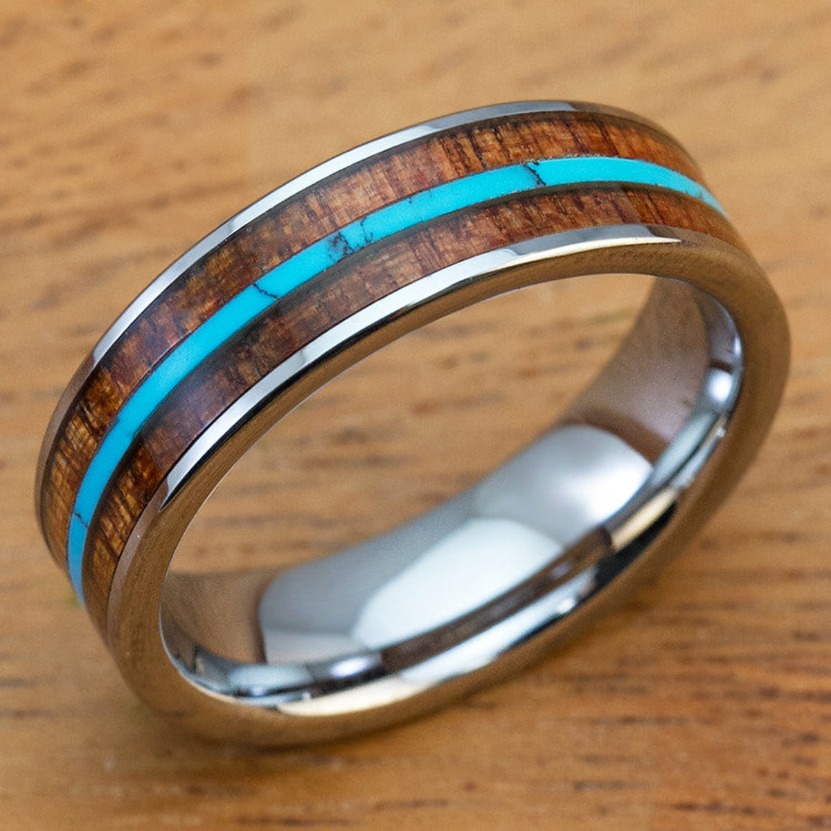 Tungsten Carbide Wedding Ring with Mid Thin Strip Turquoise and Hawaiian Koa Wood Inlay