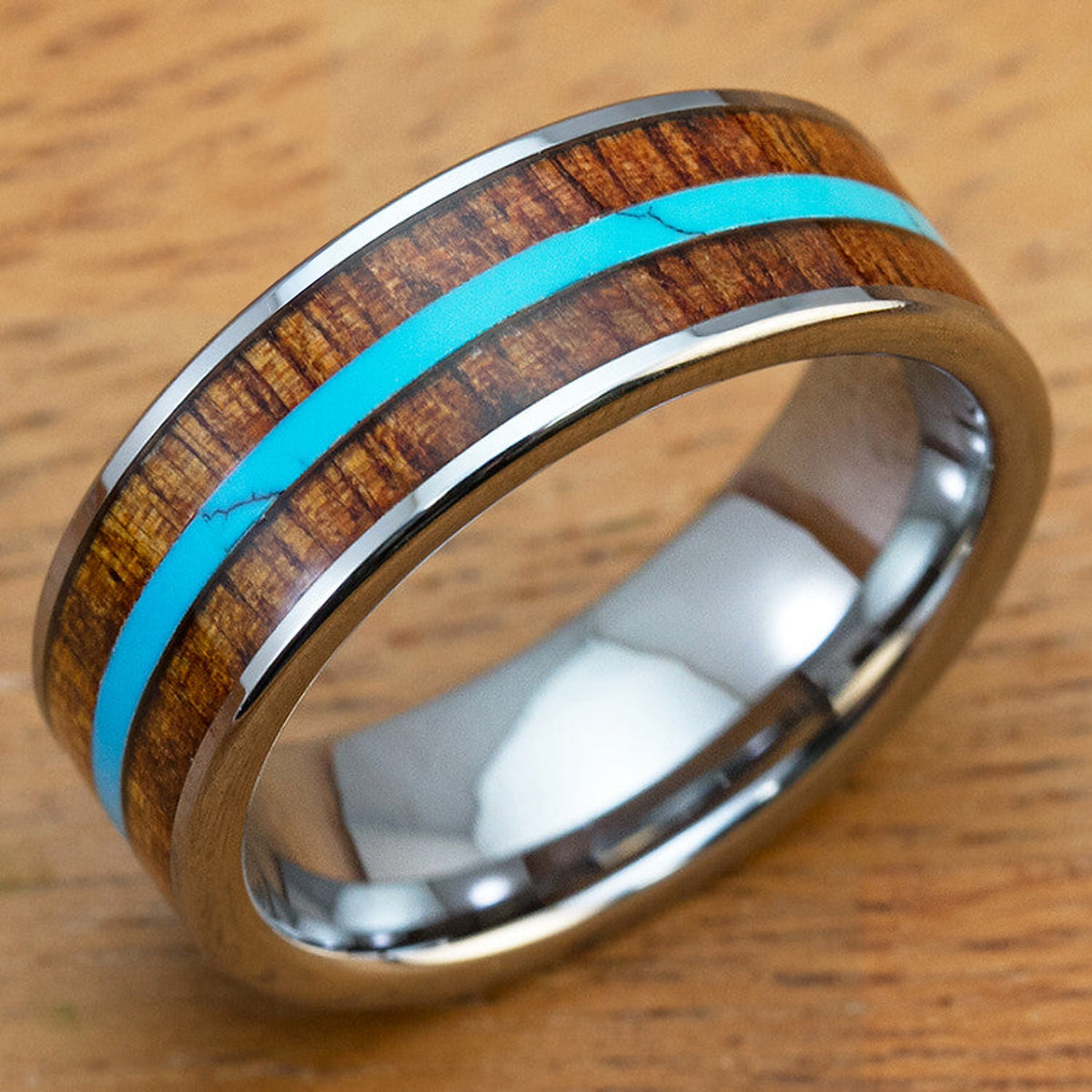 Tungsten Carbide Wedding Ring with Mid Strip Turquoise and Hawaiian Koa Wood Inlay - 8mm, Flat Shape, Comfort Fitment