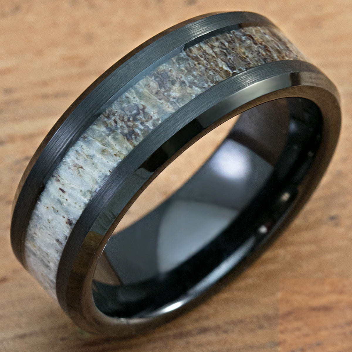 Black Tungsten Carbide Beveled Edge Ring with Genuine Elk Antler Inlay - 8mm, Flat Shape, Comfort Fitment