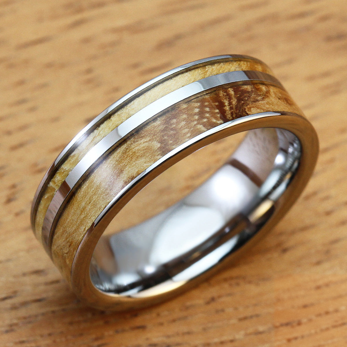 Tungsten Carbide 7mm Offset Strip Ring with Olive Wood Inlay - flat style, comfort fitment
