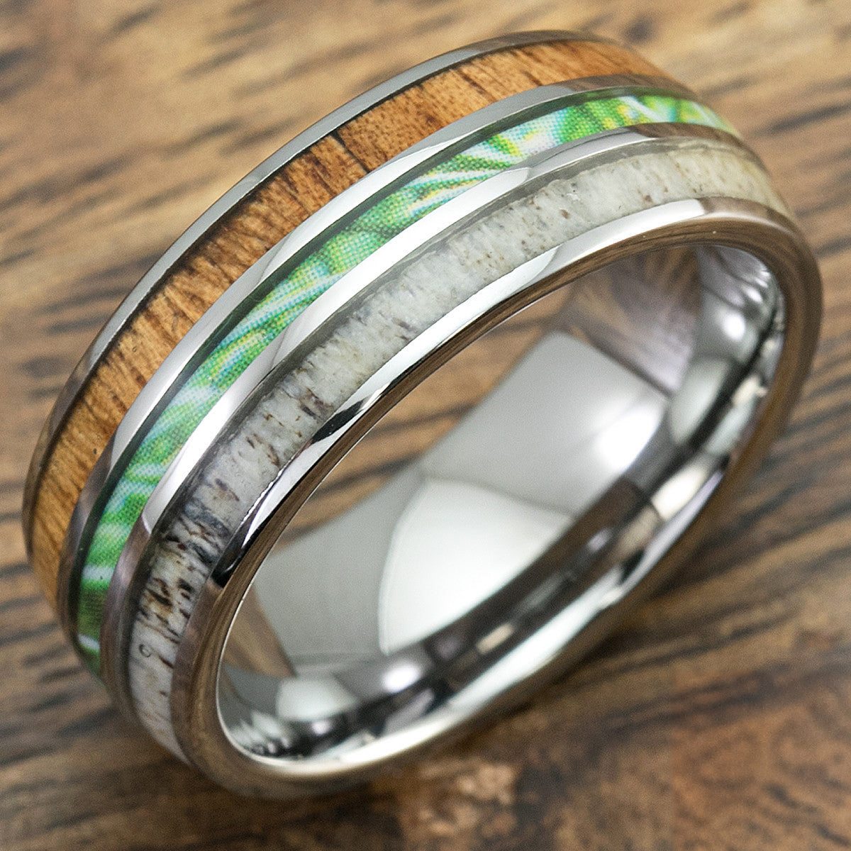Tungsten Carbide Ring with Antler, Camo, and Koa Wood Inlay - 8mm, Comfort Fitment, Dome Shape