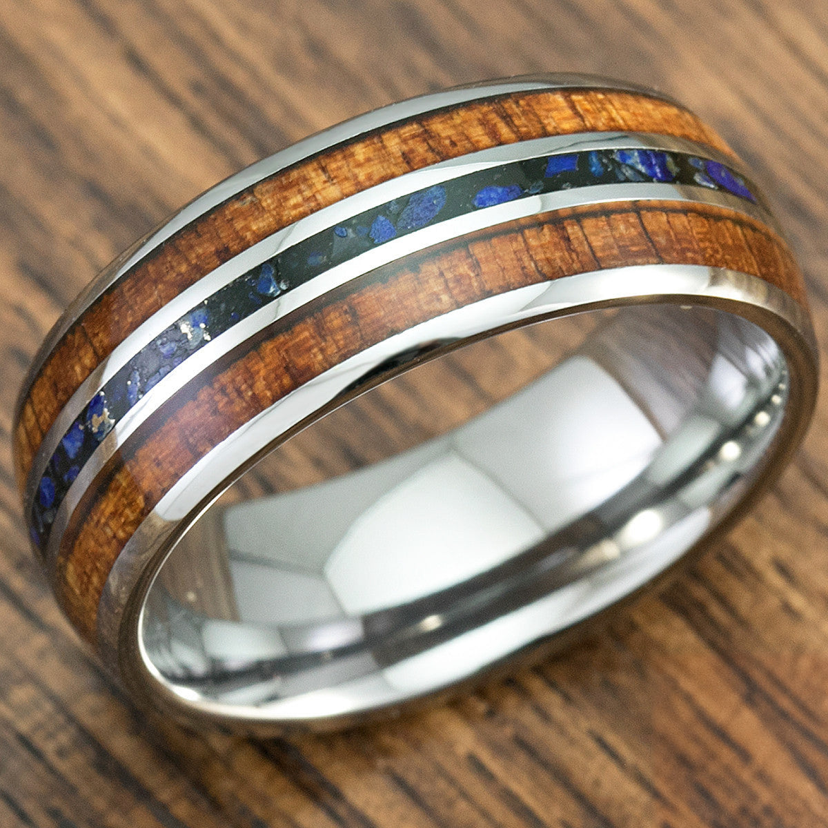 Tungsten Carbide Ring with Koa Wood & Lapis Lazuli Tri Inlay - 8mm, Dome Shape, Comfort Fitment