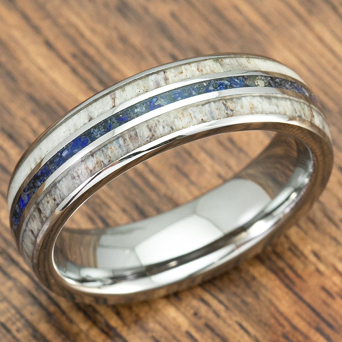 TUNGSTEN CARBIDE RING WITH CRUSHED LAPIS LAZULI & ANTLER TRI-INLAY - 6MM, DOME SHAPE, COMFORT FITMENT