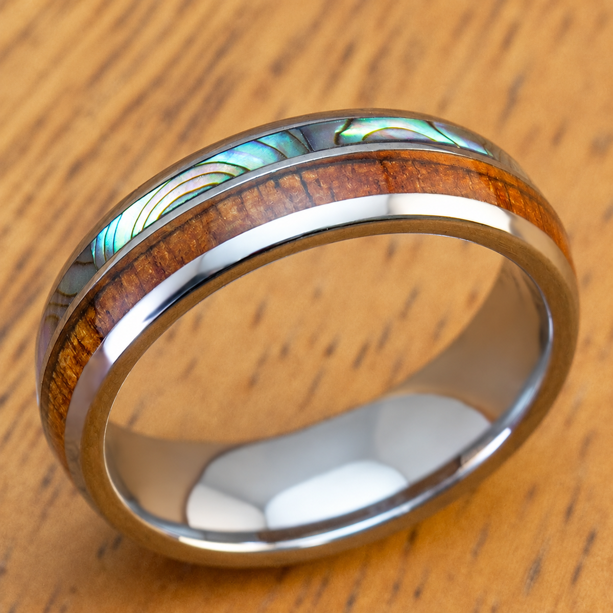 Tungsten wedding ring with abalone shell and Hawaiian koa wood duo inlay