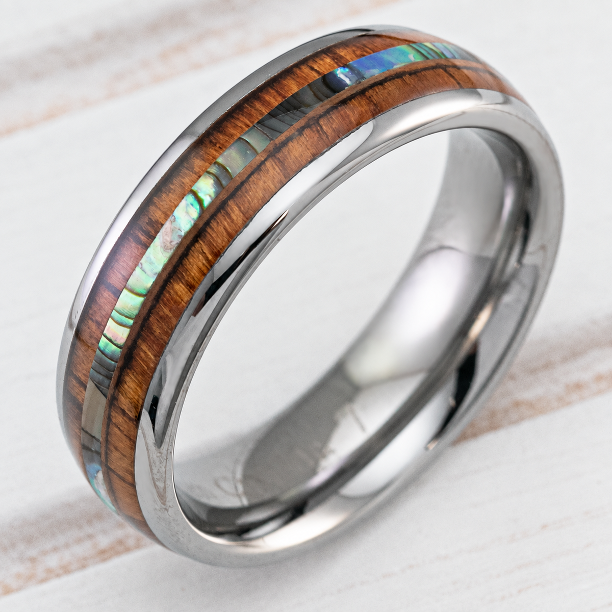 Tungsten carbide ring with abalone shell and Hawaiian koa wood inlay