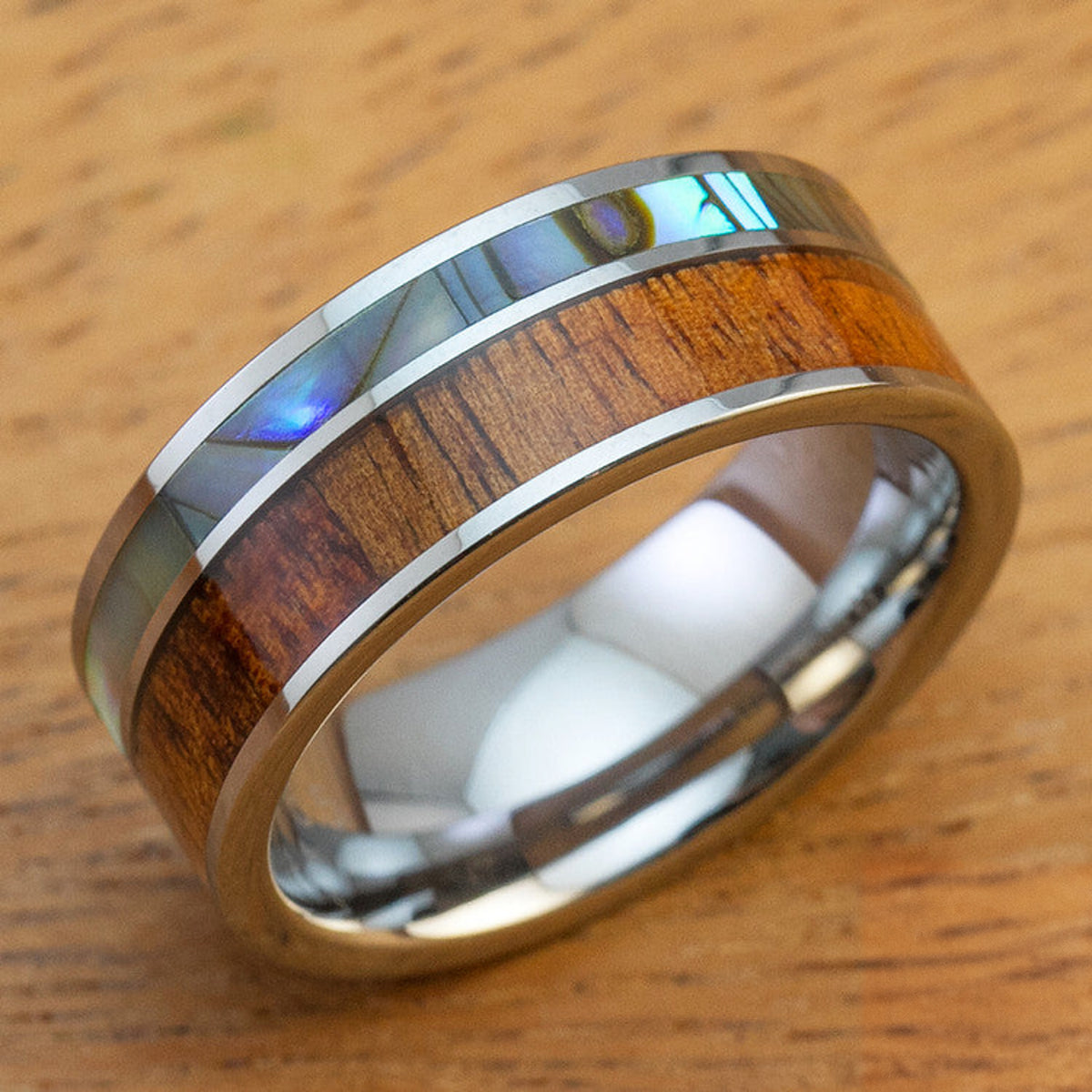 Tungsten Carbide Ring Ring with Abalone Shell and Koa Wood Offset Inlay