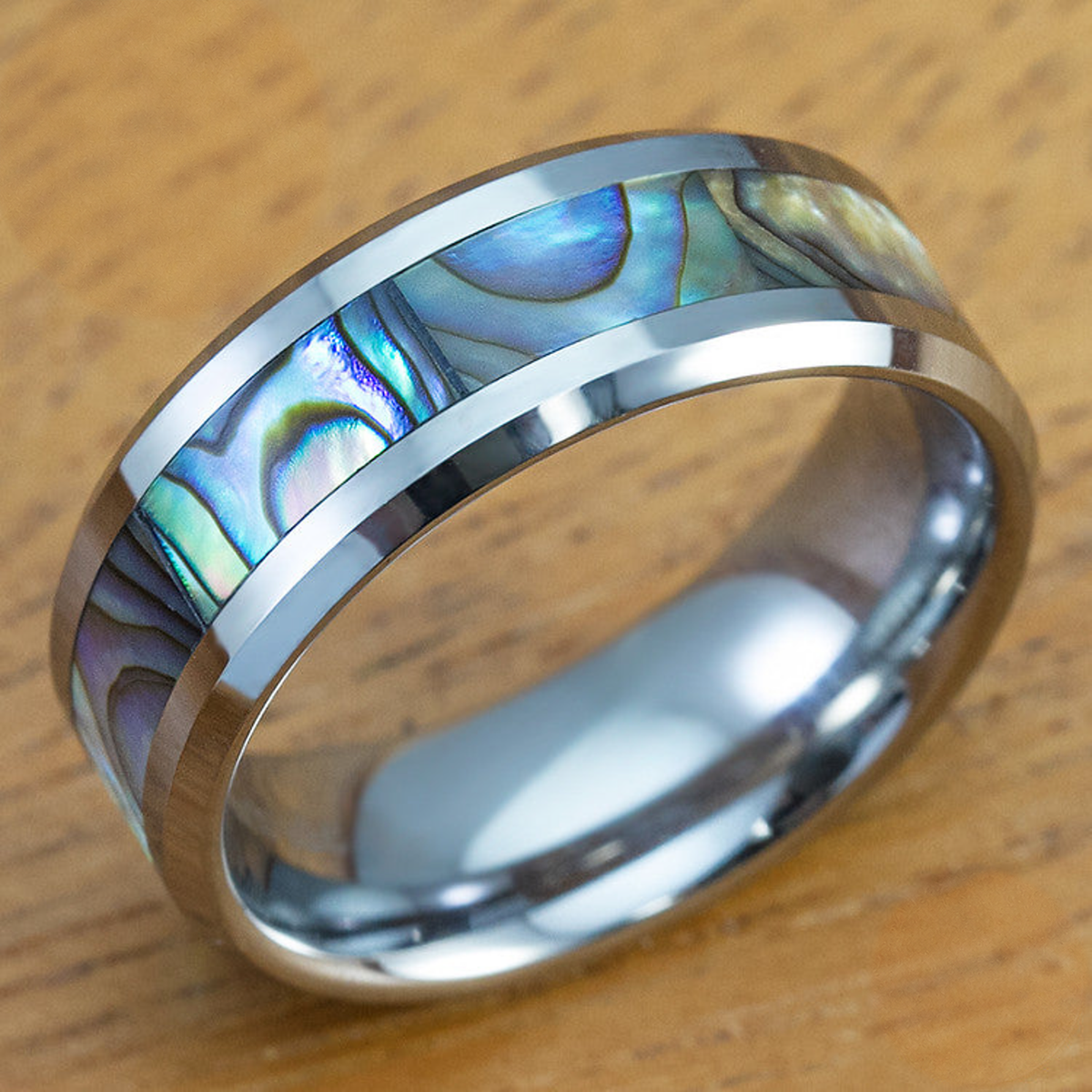 Mother of Pearl Abalone Pau'a Shell Tungsten Carbide Beveled Edge Ring [8mm width]