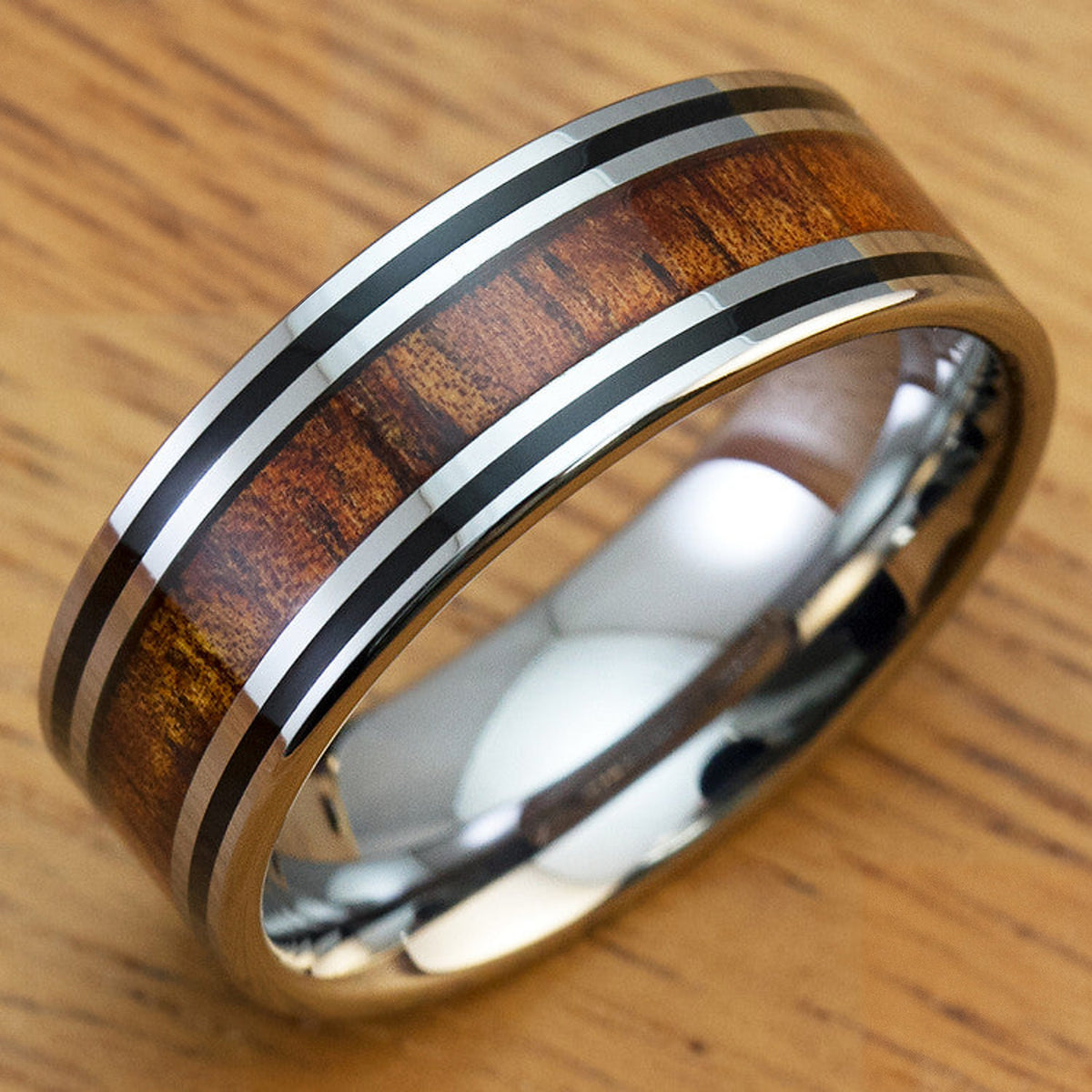 Tungsten Carbide Black Enamel Ring with Koa Wood Inlay - 8mm, Flat Shape, Comfort Fitment