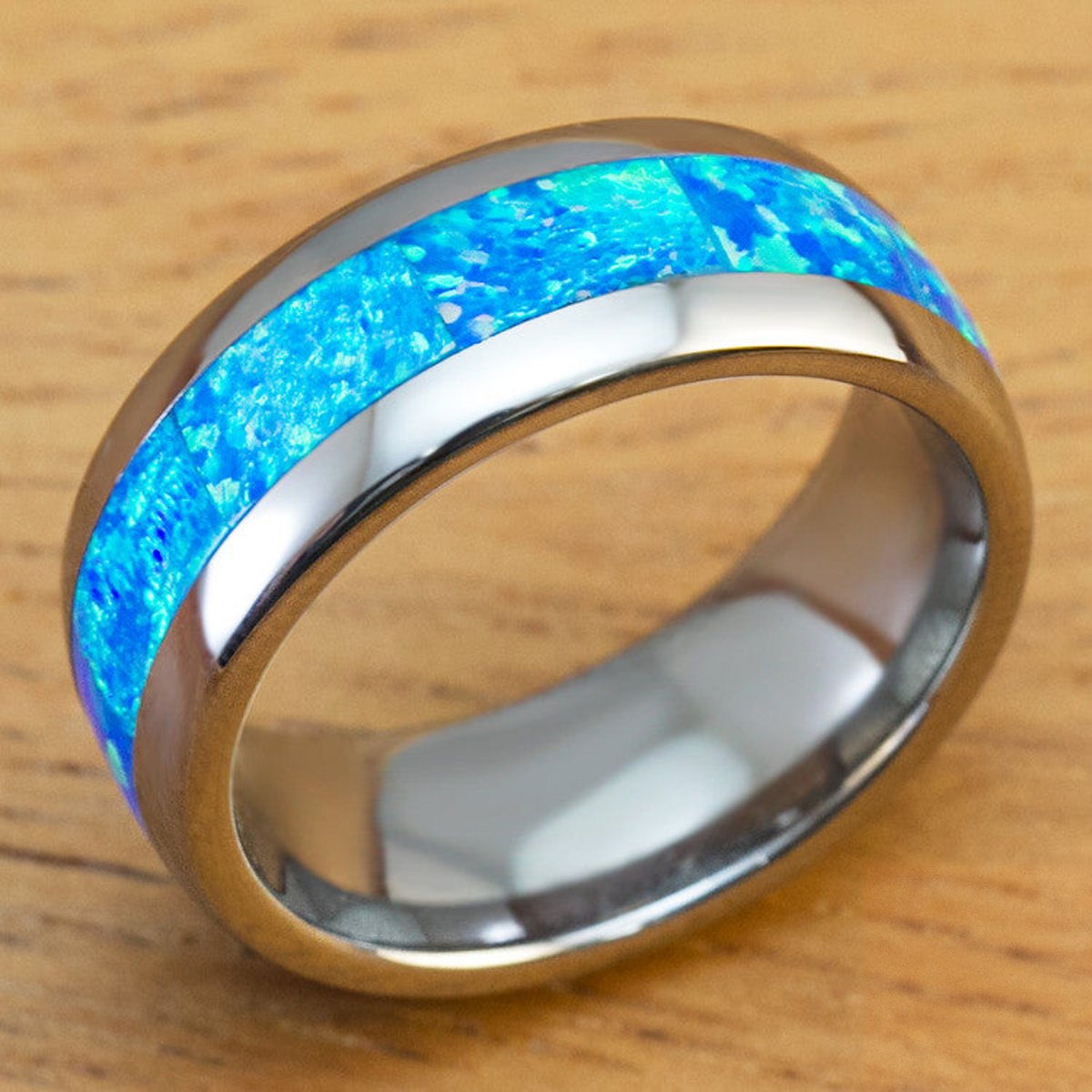 Tungsten Carbide with Blue Opal Inlay - 8mm, Dome Shape, Comfort Fitment
