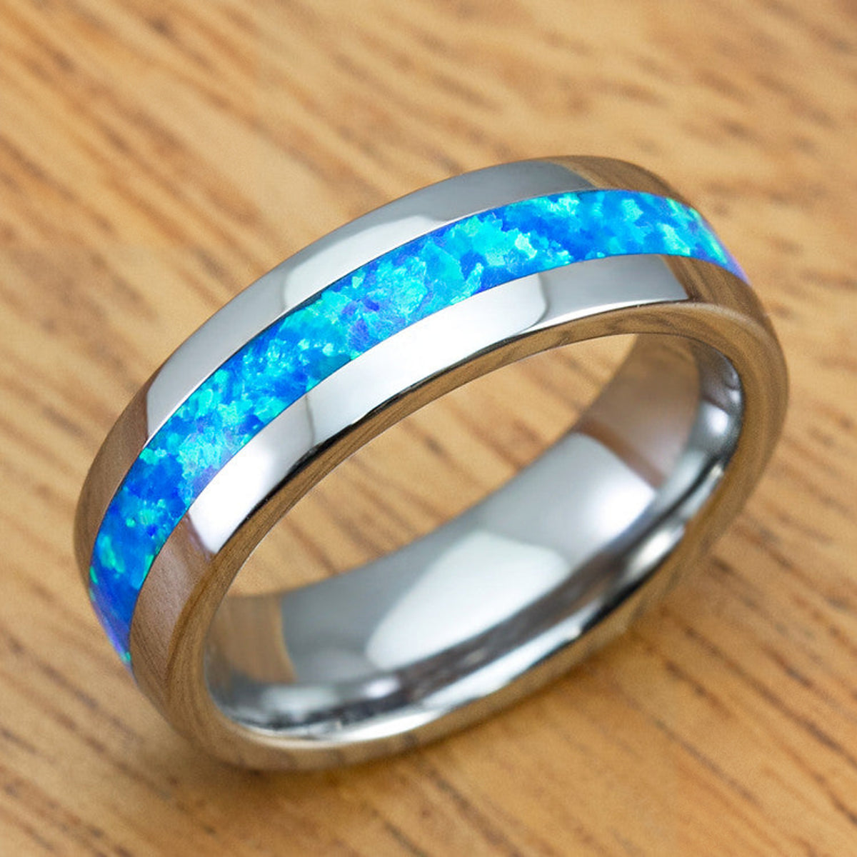 Tungsten Carbide Ring with Blue Opal Inlay - 6mm, Dome Shape, Comfort Fitment