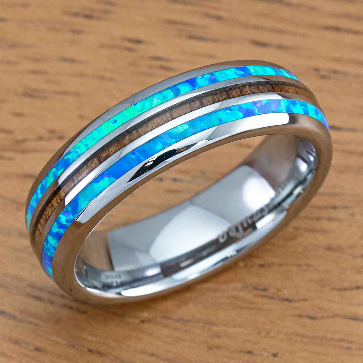 Tungsten 6mm ring with blue opal and Hawaiian koa wood