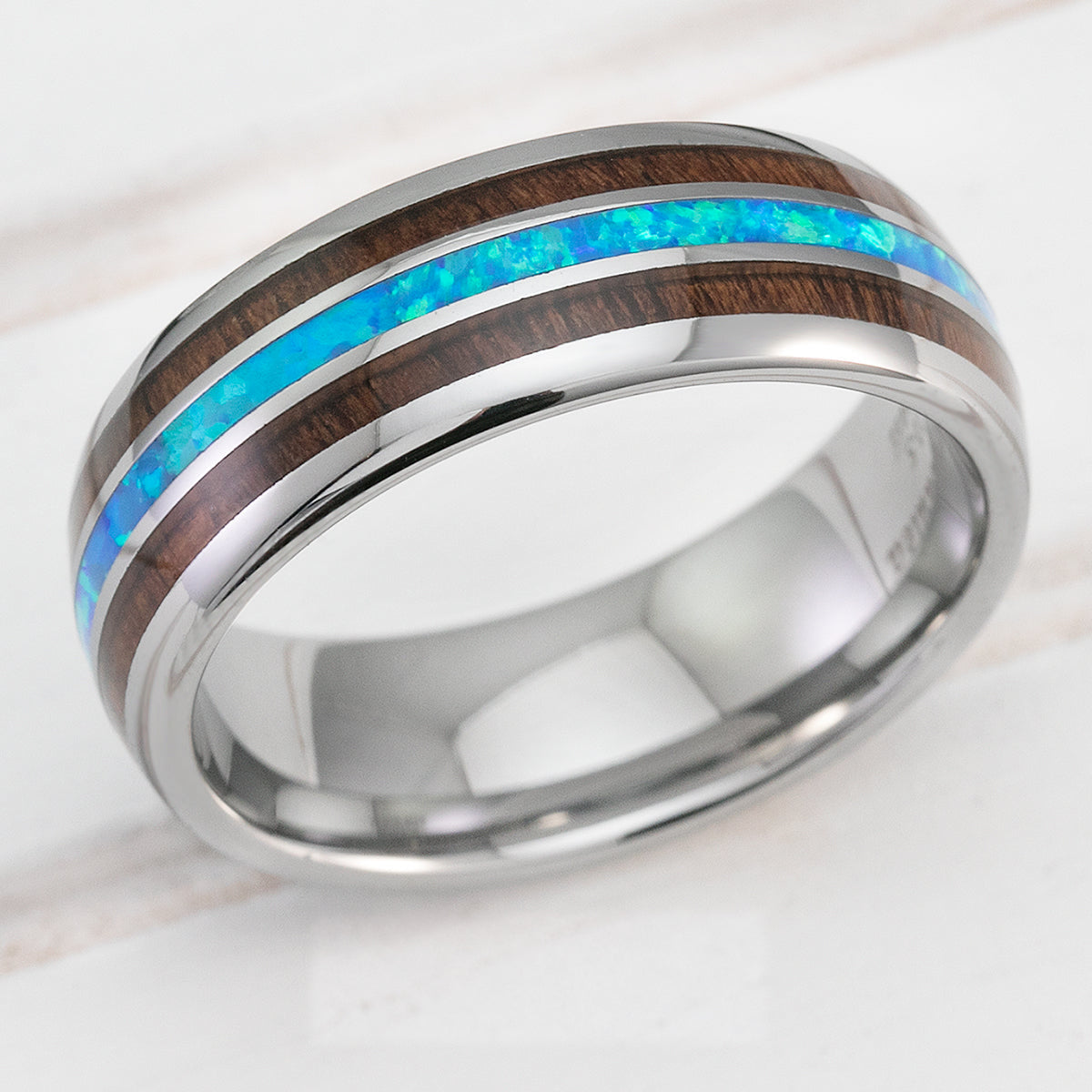 Tungsten Carbide Tri-Inlay Ring [8mm width] Blue Opal & Hawaiian Koa Wood - Barrel Shape, Comfort Fitment