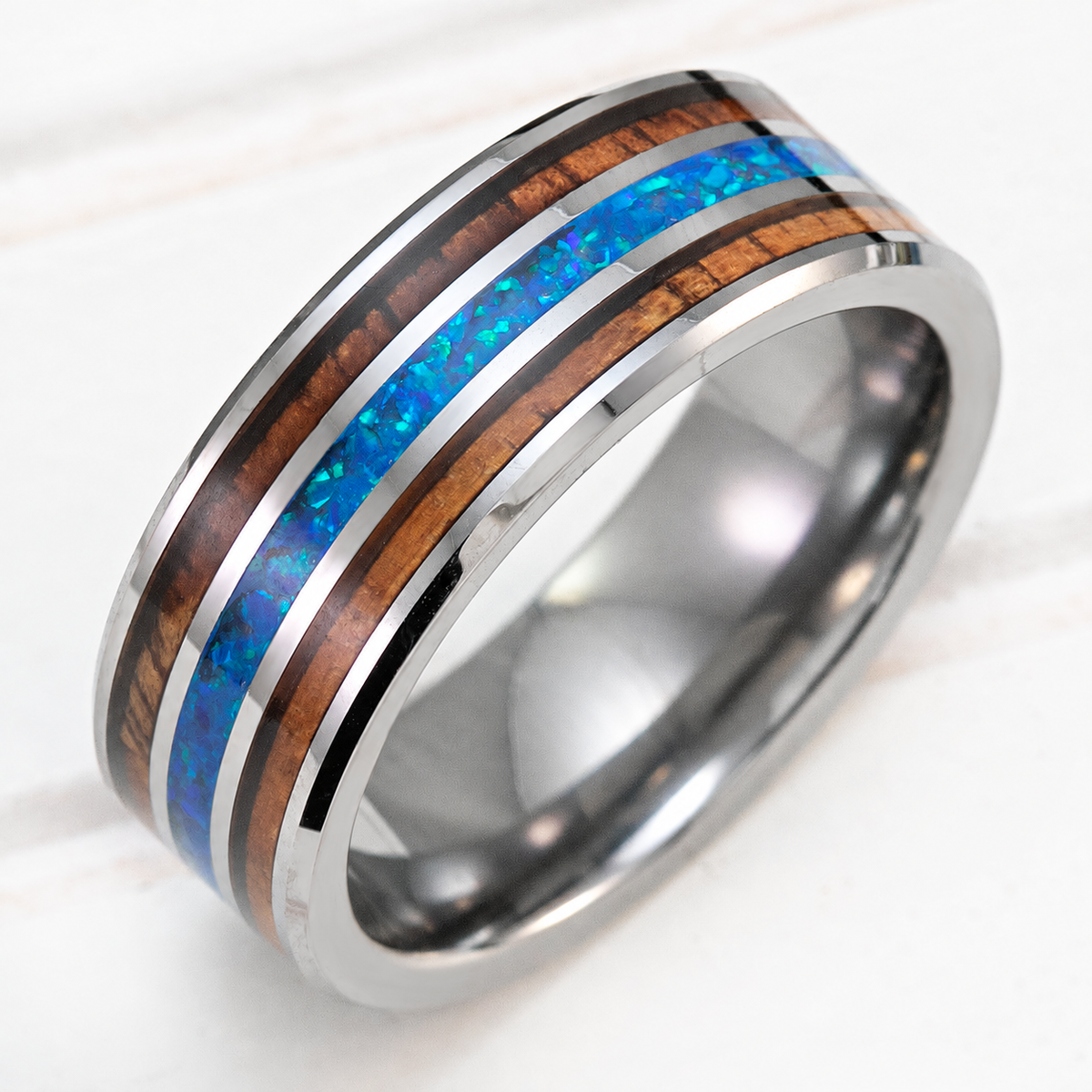 Tungsten ring with blue opal and Hawaiian koa wood tri-inlay