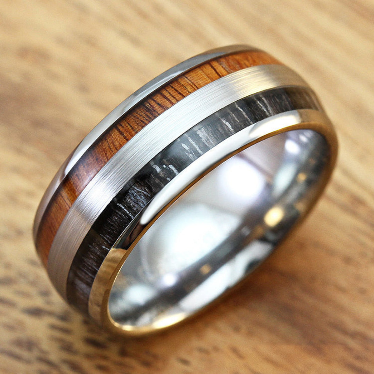 Tungsten Carbide Brush Finish Ring with Koa & Ebony Gabon Wood Double Inlay, 8mm, Dome Shape, Comfort Fitment