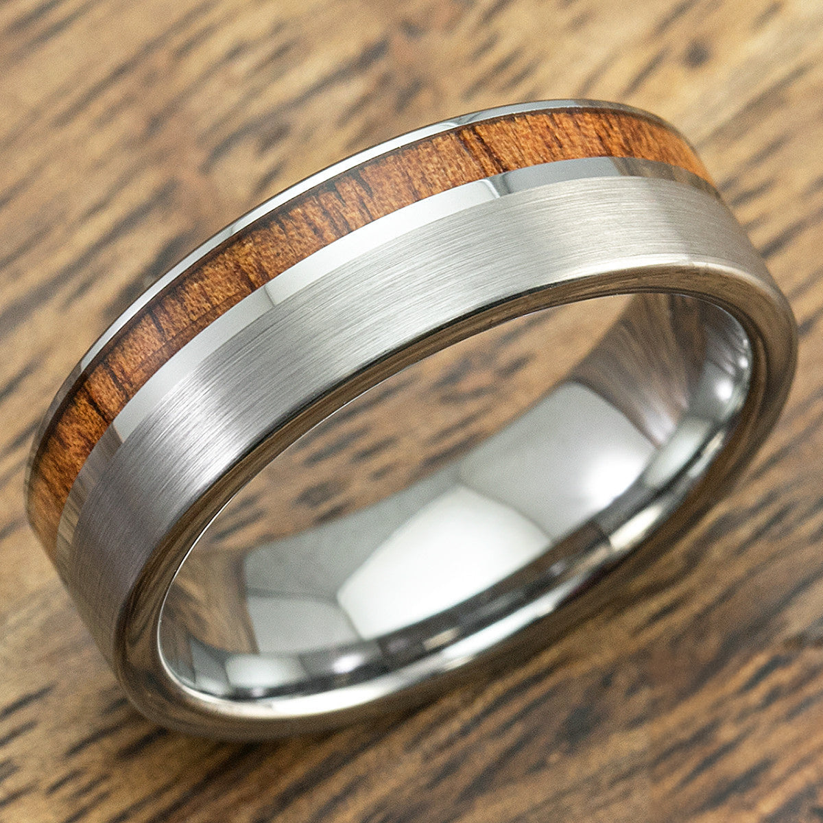 Tungsten Carbide Brush Finish Ring with Offset Koa Wood Inlay-7mm, Comfort Fitment, Flat Shape