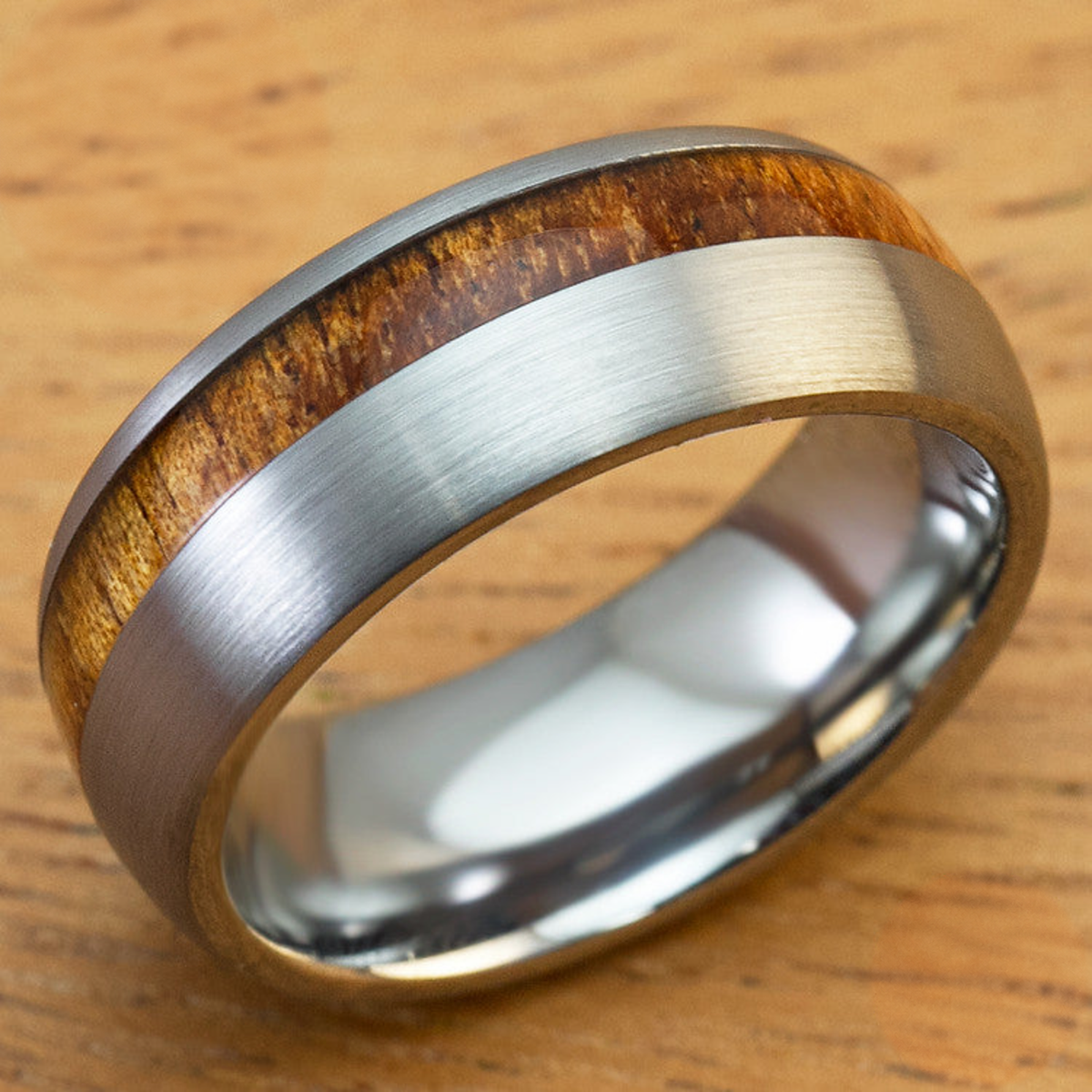 Tungsten Carbide Brush Finish Ring with Offset Hawaiian Koa Wood Inlay - 8mm, Dome Shape, Comfort Fitment
