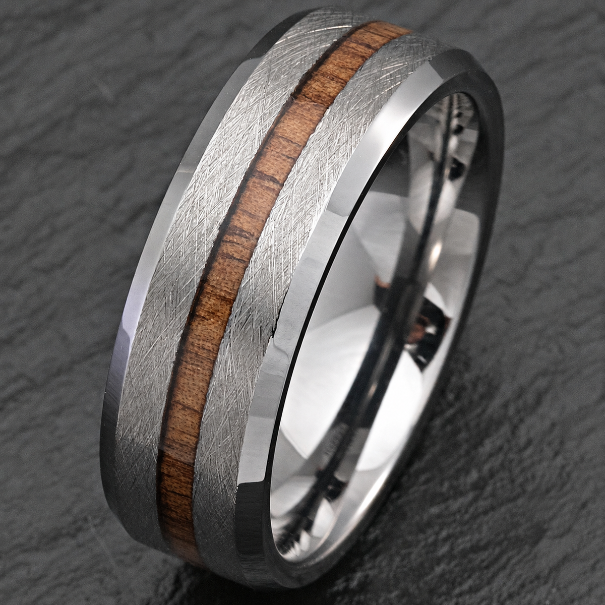 Tungsten carbide cross-brushed beveled ring with Hawaiian koa wood inlay