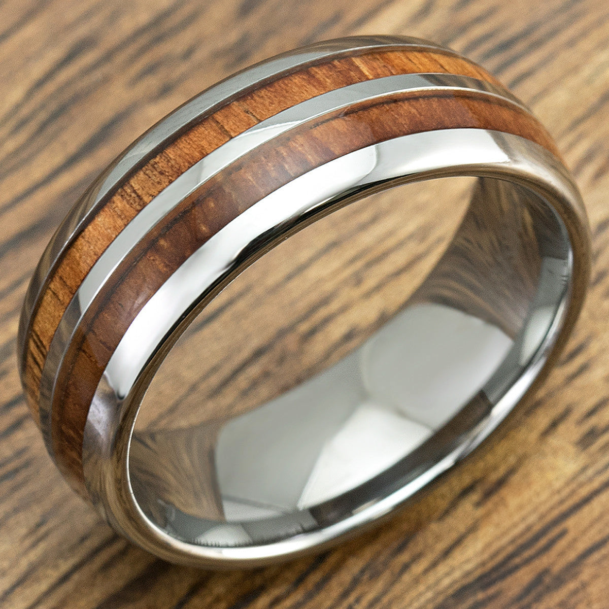 Tungsten Carbide Ring with Duo Koa Wood Inlay - 8mm, Comfort Fitment, Dome Shape
