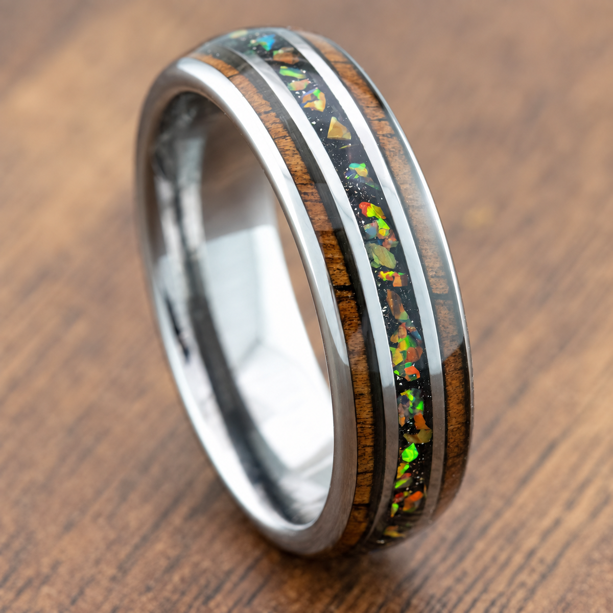 Tungsten ring with fire opal and Hawaiian koa wood inlay