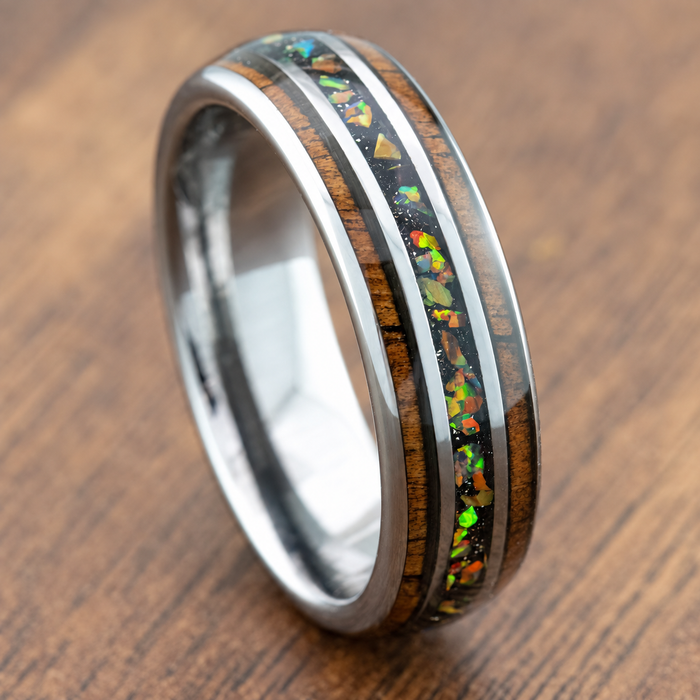 Tungsten ring with fire opal and Hawaiian koa wood inlay