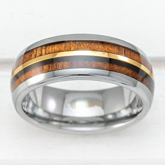 8mm tungsten ring with gold strip and Hawaiian koa wood duo-inlay, clean product image