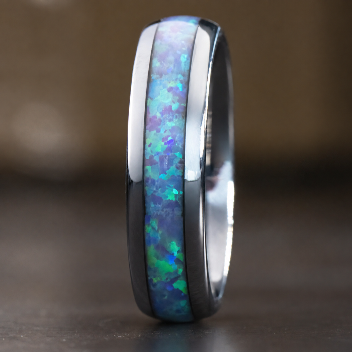 Tungsten ring with milky lavender opal inlay