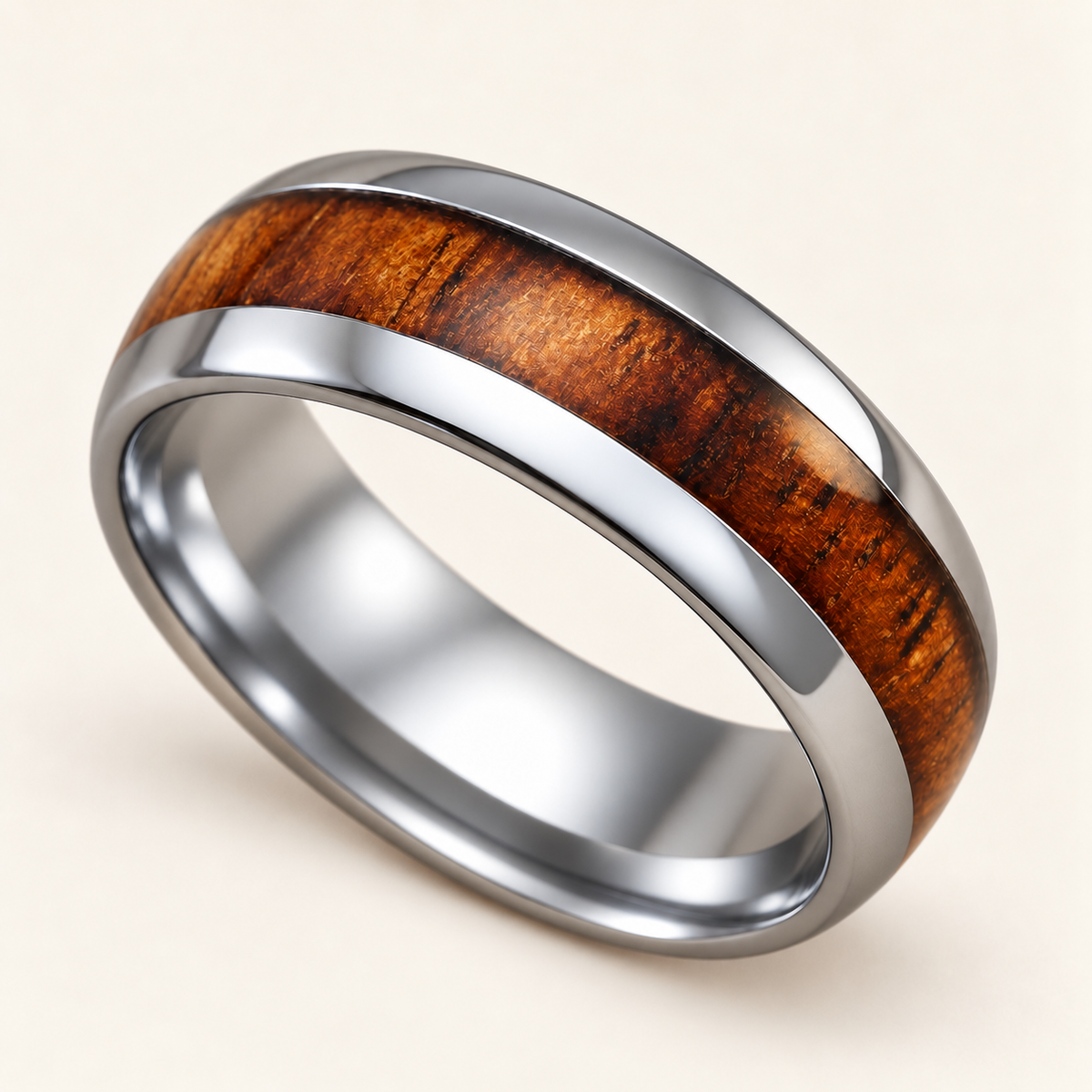 Alternate angled view of an 8mm domed tungsten ring with Hawaiian koa wood inlay on ivory