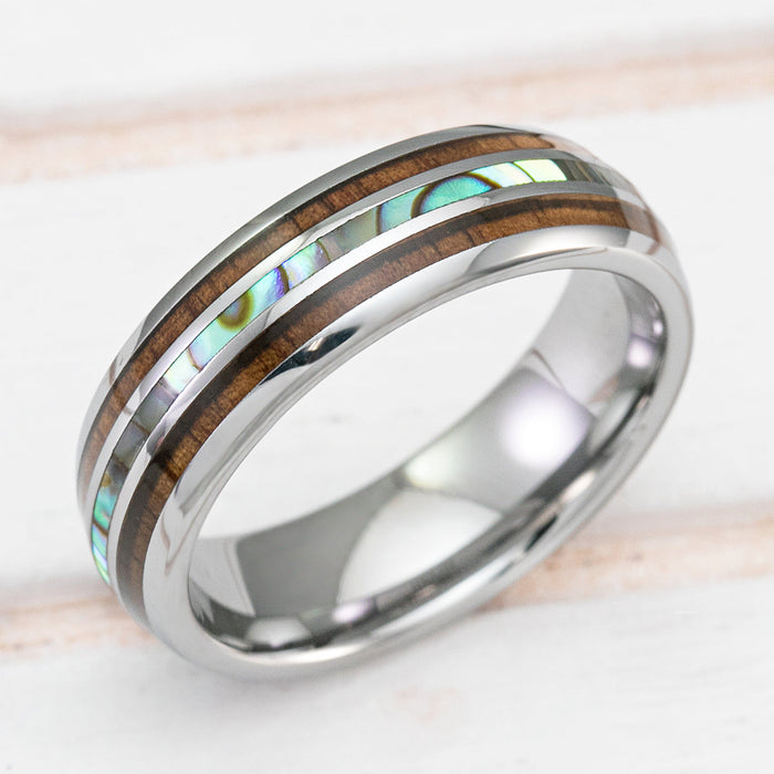 Tungsten Carbide Ring with Koa Wood & Abalone Shell Tri Inlay - 6mm, Dome Shape Comfort Fitment