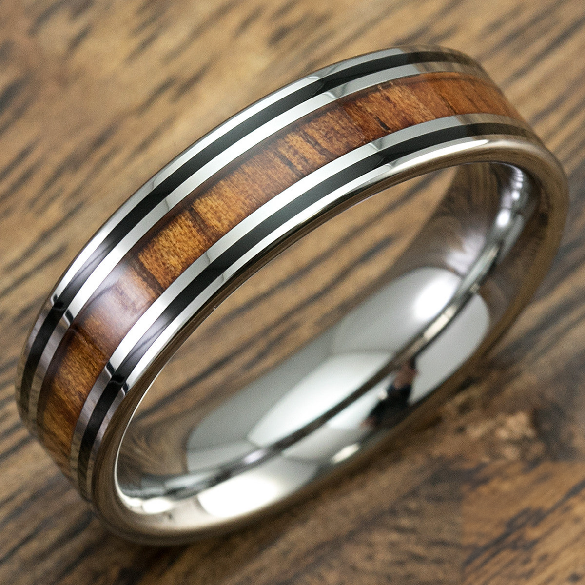 Hawaiian Koa Wood 6mm Tungsten Carbide Ring with Black Enamel linings