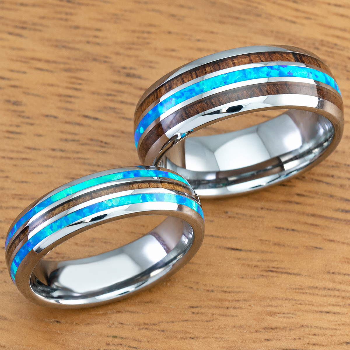 Tungsten wedding band set with blue opal and Hawaiian koa wood inlays